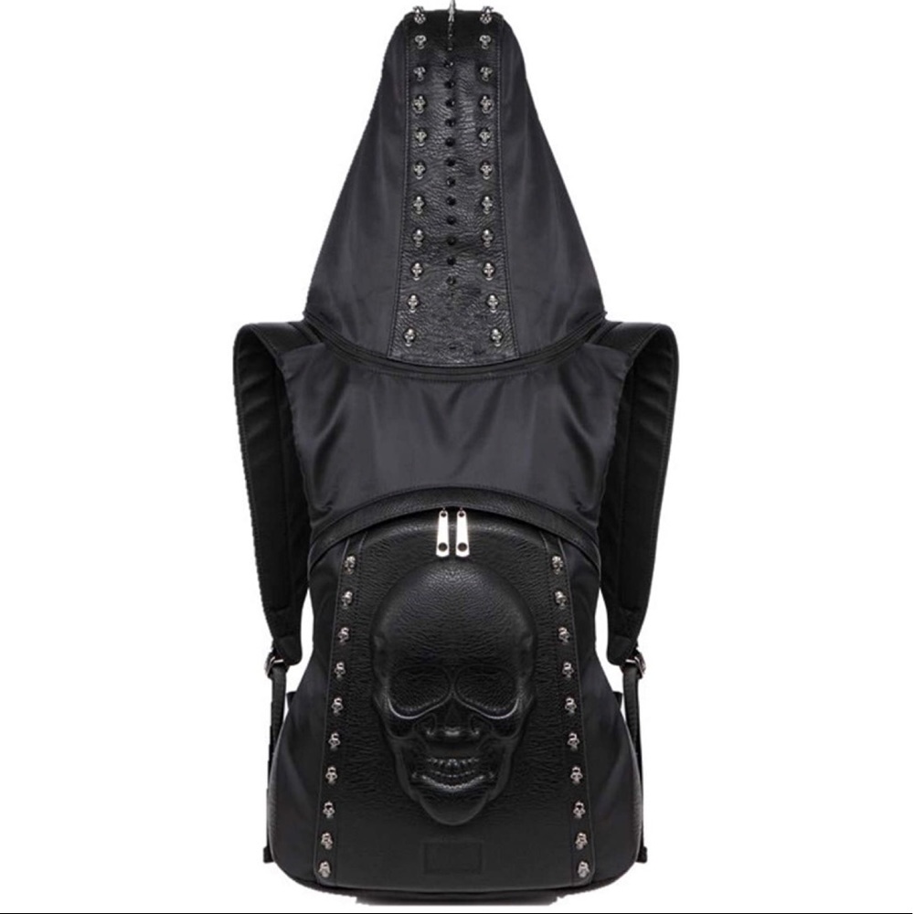 3D Skull Leather Backpack Rivets with Hood Cap - Picture 6 of 8